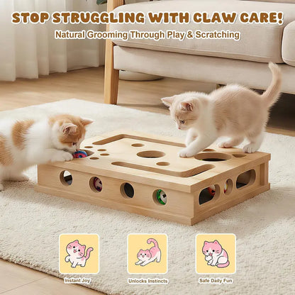 LIVANIRA Universal Wooden Cat Scratch & File Enrichment Box - Claw Care Puzzle Toy with Replaceable Filing Pad, Large Scratch Area, Treat Openings, 3 Toy Balls for Indoor Cats Familyfun